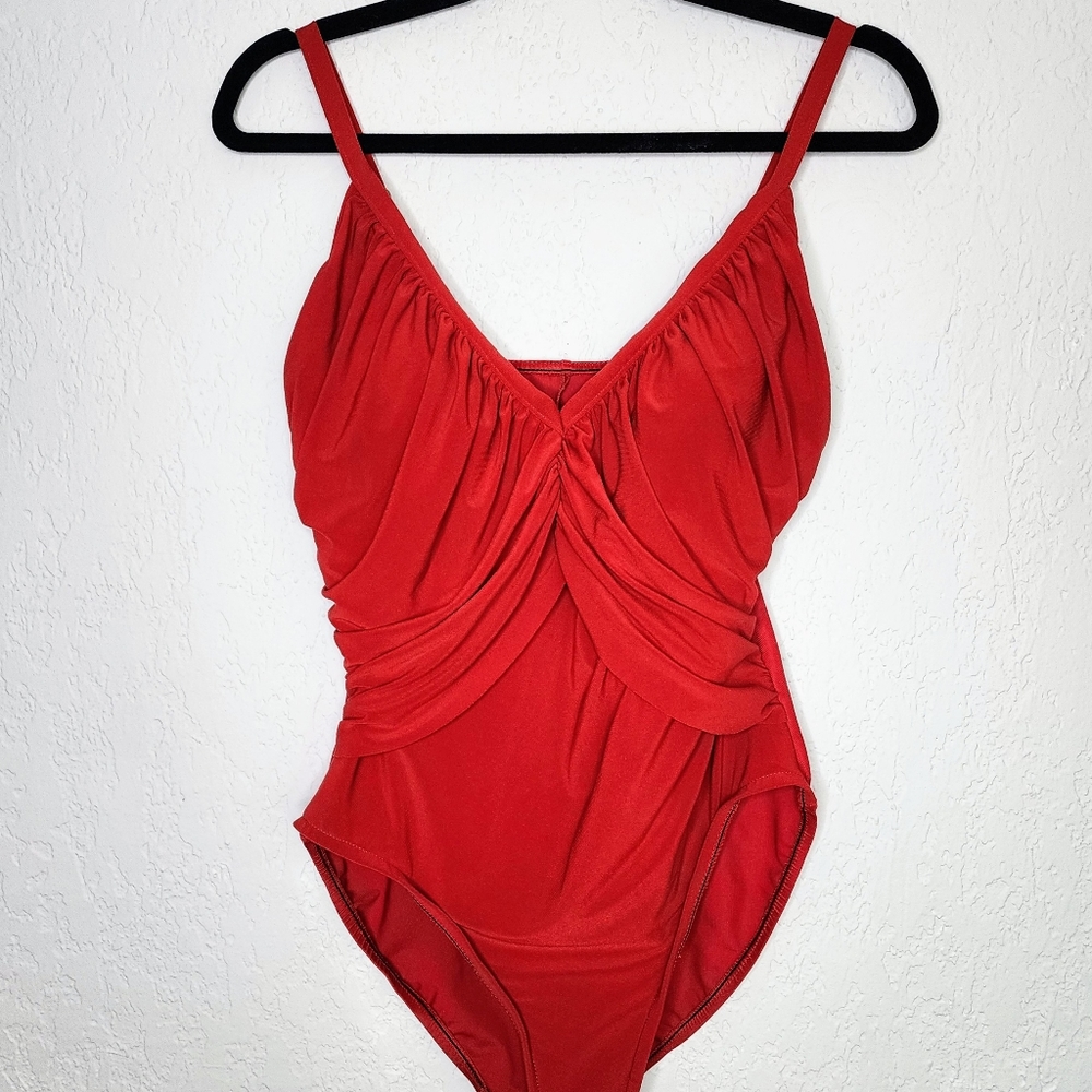 Women's Magicsuit One Piece Swimsuit Sz 12 Red Draped Top w Built in Bra